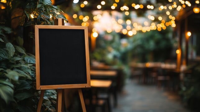 A cozy outdoor dining area adorned with string lights and an empty chalkboard ready for special menu announcements