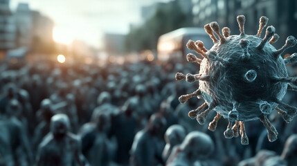 Closeup of a massive virus hovering above a crowd of zombies in a deserted city at sunset. A large virus floats ominously over a horde of zombies in an urban area.
