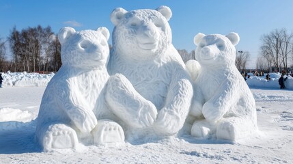 Snow sculpture of a bear and two cubs displayed in winter park. A beautifully crafted snow sculpture features a bear with two cubs.