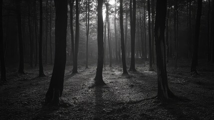 Naklejka premium A misty forest with tall trees and sunlight peeking through the branches.