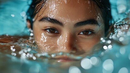 Closeup portrait of a young swimmer enjoying time in the water at a bright indoor pool. A young swimmer woman peeks above the water, smiling and enjoying the refreshing experience in the pool.