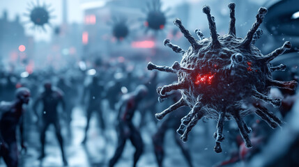 Fototapeta premium A closeup of a virus floating over a crowd of menacing zombies at dusk. Viruses looming in the air above a horde of zombies roaming the streets.