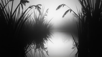 A misty lake with tall reeds on the shoreline.