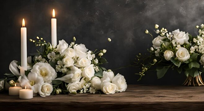 Solemn funeral white flowers and candles on dark background memory and grief wallpaper 4K