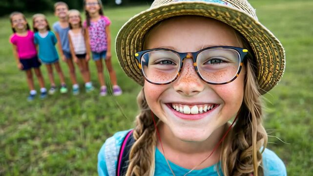 A young girl with pigtails and glasses beams, wearing a straw sun hat