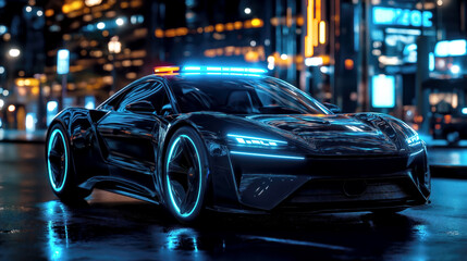 A modern police car with glowing blue lights is parked on a vibrant city street. The reflections from neon signs illuminate its sleek design against the night sky.