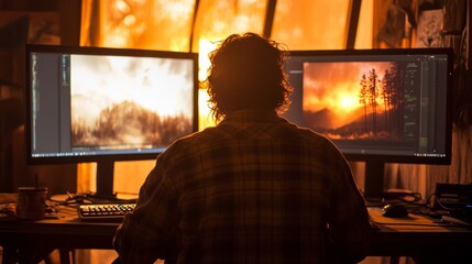 Obraz premium A person working on digital art displayed on dual monitors in a warm, atmospheric studio with glowing sunset colors