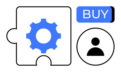 Cog-shaped piece in puzzle, user profile icon, blue buy button suggesting e-commerce. Ideal for online shopping, user interface design, tech development, customer management, simplicity in design