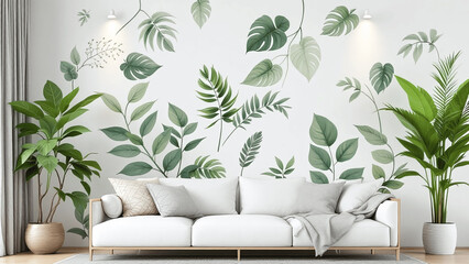 Artistic wall with botanical illustrations creating a vibrant atmosphere