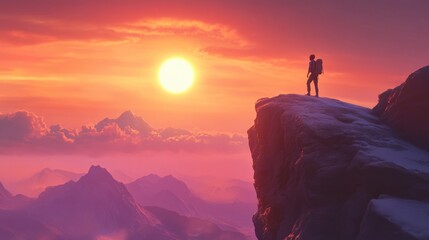 Fototapeta premium Adventurer on Mountain Peak at Sunset