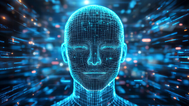 wireframe hologram of an AI humanoid head, AI generated
