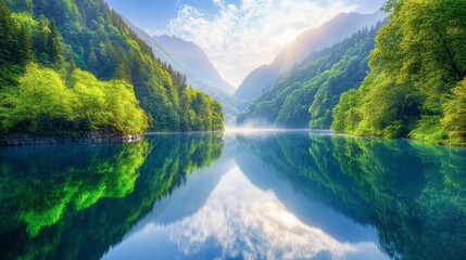 Fototapeta premium Serene Mountain Lake with Lush Green Landscape