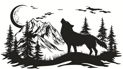 a black and white silhouette of a wolf howling at the full moon