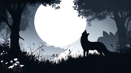 Naklejka premium a black and white silhouette of a wolf howling at the full moon