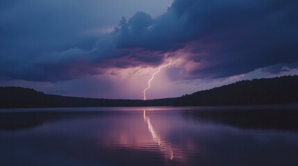 Dramatic Lightning Over Calm Lake at Dusk