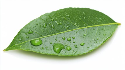 Fresh Green Leaf with Water Droplets on White Background