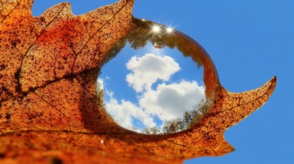 Reflection in Water Drop on Autumn Leaf