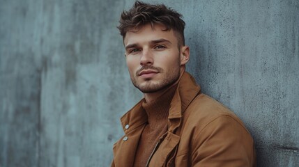 Handsome man with short hair and stubble leaning against a concrete wall, wearing a brown jacket and turtleneck.