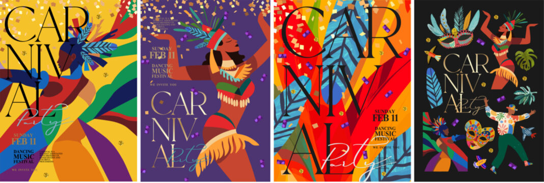 Carnival. 2025. Vector modern abstract illustration of dancing Brazilian woman at carnival in Brazil, feather background, Venetian mask, icons for poster, cover, flyer, invitation or leaflet