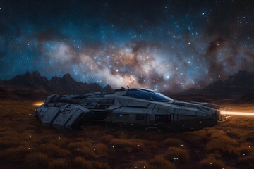 A futuristic spaceship rests on an alien landscape under a starry sky.