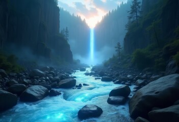A tranquil waterfall cascades down cliffs surrounded by lush trees and glowing blue water during sunrise at a serene river valley
