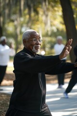 Obraz premium active elderly african american man practicing tai chi in serene park on sunny day, meditative group training. senior activity, leisure, retirement, healthy lifestyle. mindfulness, zen, harmony