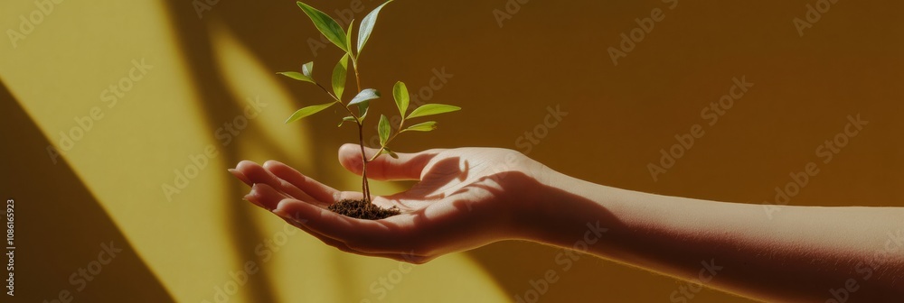 Poster A pair of hands cradles a small seedling, showcasing the delicate connection between nature and nurturing in soft light. Generative AI