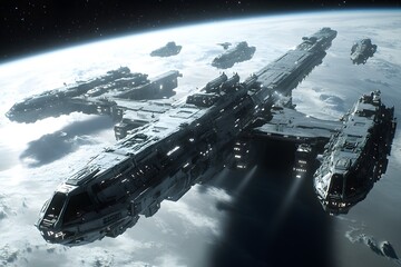 A futuristic spaceship fleet orbiting a planet in space.