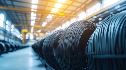 View of industrial wire rolls stacked in a factory during daylight showing organized production process and manufacturing setup