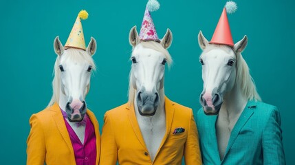 Three horses wearing colorful suits and party hats pose together against a bright blue background during a festive celebration