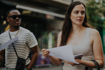 Two business professionals analyze paperwork together while walking in an urban environment. The image captures a dynamic, collaborative atmosphere. Ideal for business and teamwork-related themes.