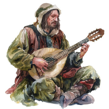 watercolor musician playing lute clip art preview