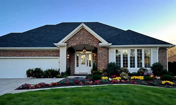 Sloped Roof Home with Flower-Lined Path