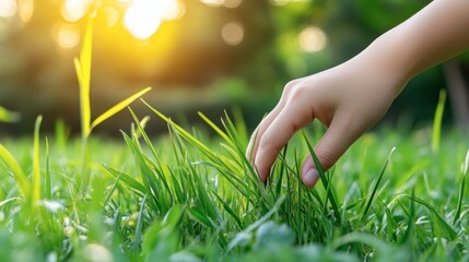Hand Gently Touching Fresh Green Grass in Nature
