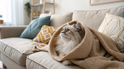 Fluffy cat wrapped in a cozy blanket on a couch.  