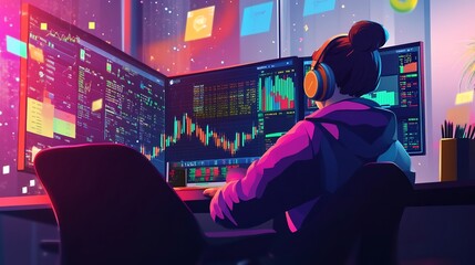 Woman in a Neon-Lit Room Analyzing Stock Market Data