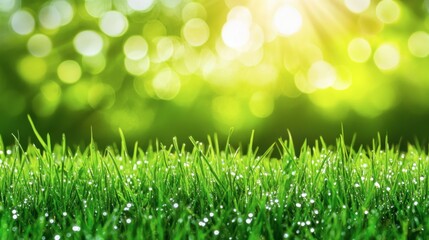 Obraz premium Fresh Green Grass with Dew Drops in Bright Sunshine