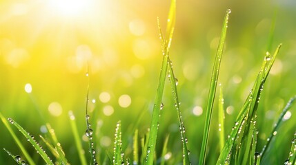 Fototapeta premium Morning Dew on Fresh Green Grass Blades