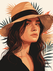 Beautiful Woman in hat with exotic leaves Vector Illustration.