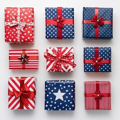 Obraz premium A collection of beautifully wrapped gift boxes in red, white, and blue, adorned with bows, perfect for celebrations, holidays, and special occasions, showcasing festive elegance displayed on white bg