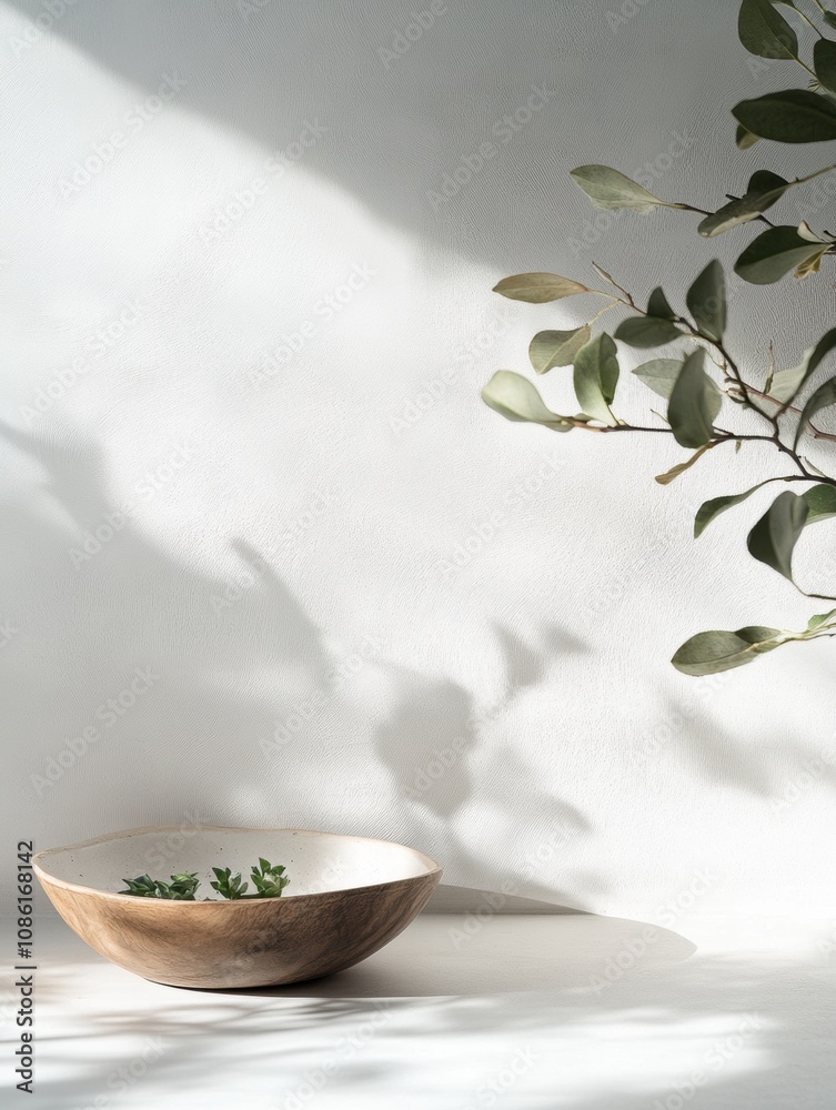 Poster a wooden bowl sits on a smooth surface, featuring small plants while gentle shadows and soft light c