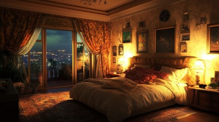 Cozy Bedroom with Warm Lighting and Scenic View