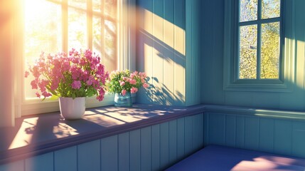 Cozy Sunlit Room with Flower Pots and Bright Ambience