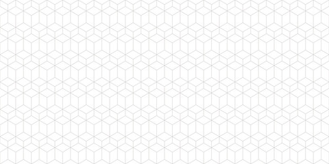 Subtle vector minimal seamless pattern with hexagonal lattice, 3d cube linear grid. Simple gray and white geometric texture with thin lines. Abstract minimalist background. Repeat modern geo design