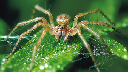 A tiny spider rests on a vibrant green leaf showcasing intricate details of its body and surroundings in a natural setting