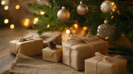 Rustic Christmas Presents Under a Decorated Tree