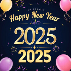 A vibrant and modern logo celebrating Happy New Year 2025, set against a dark blue or midnight blue background to represent the night sky, with golden or silver fonts Generated With AI Image