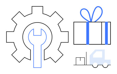 Gear with wrench inside, gift box with ribbon, and delivery truck with packages. Ideal for logistics, maintenance, delivery services, e-commerce, gift services, customer satisfaction process
