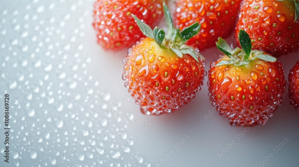 Poster bright red strawberries covered in tiny water droplets are arranged neatly, showcasing their freshne