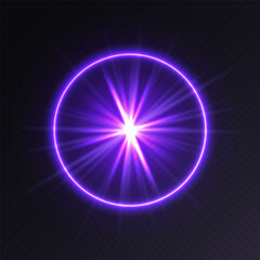 Purple light flare, glowing shiny sparkle, lens flare effect, bright glimmering glare. Vector illustration.